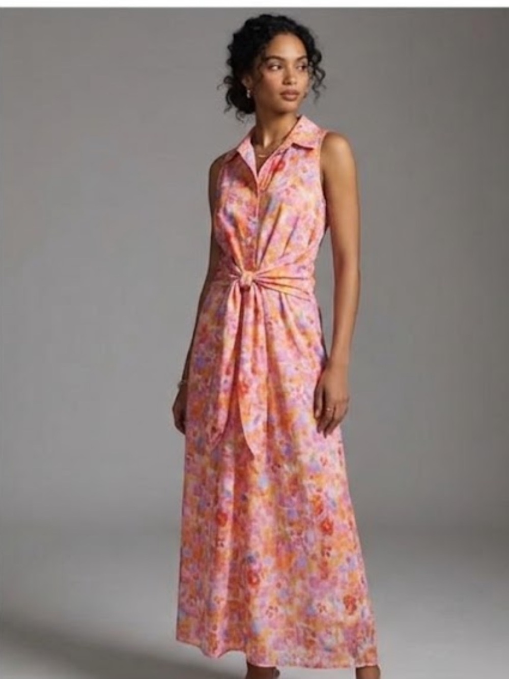 Finley Pink Watercolor Floral Cotton Tie Front Midi Dress Size large